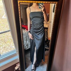 VICI Black Satin Maxi Dress XS | Ruched Side Slit Formal Gown